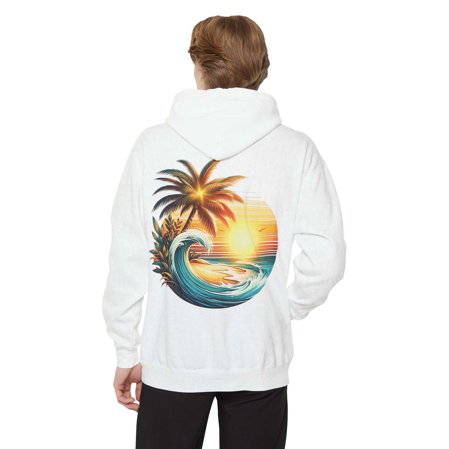Sunset Wave Hoodie — Tropical Palm Surf Graphic