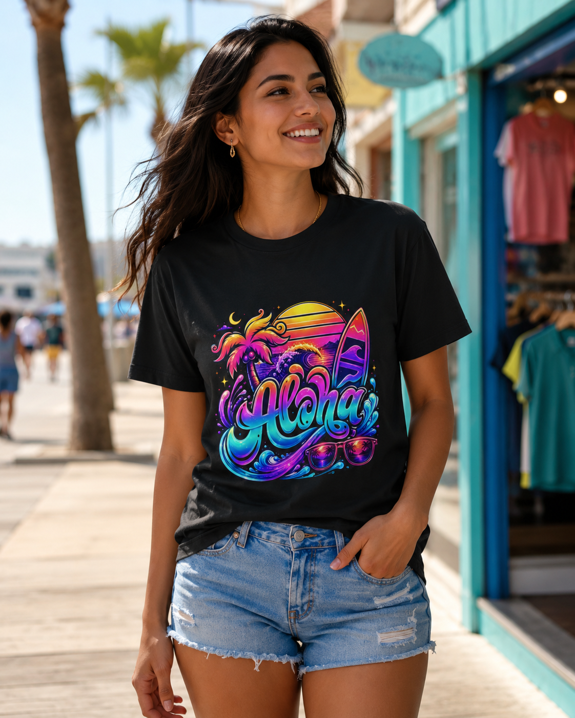 Aloha T-shirt in black with colorful surfboard graphic and Aloha word art