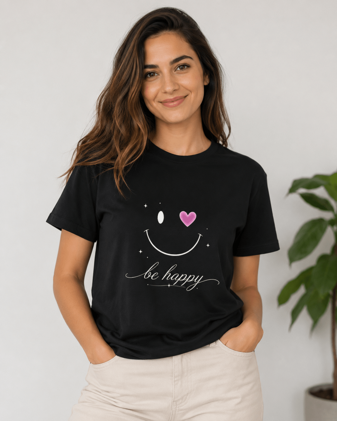 Black T-shirt on woman with smiley face graphic, pink heart and 'be happy' lettering