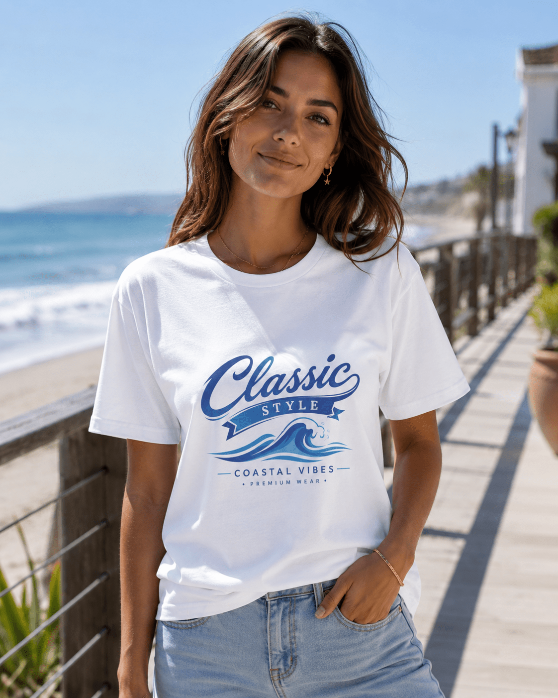 White short-sleeve T-shirt with blue “Classic Style” coastal graphic, worn outdoors.