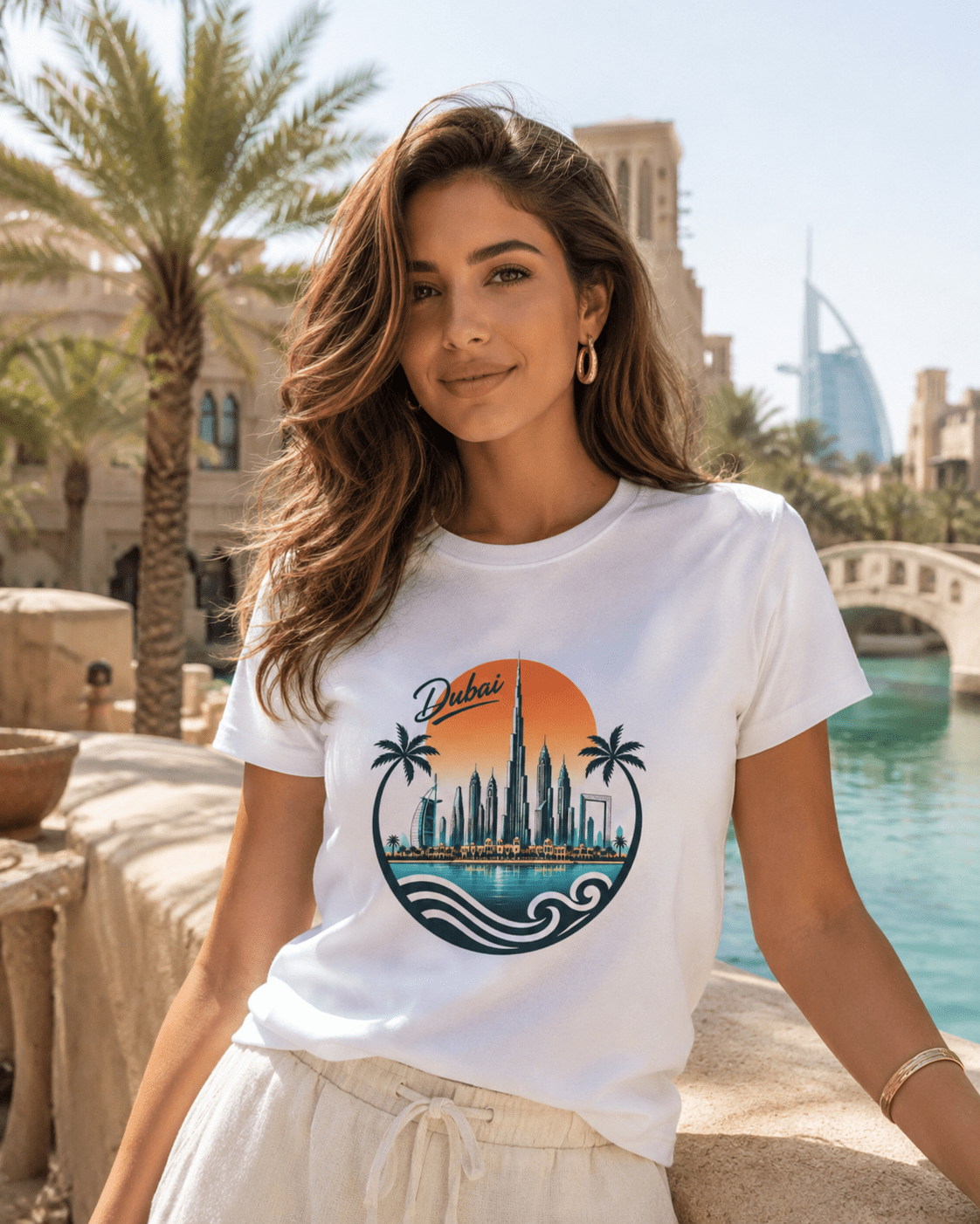 White crewneck T-shirt worn by model, Dubai skyline graphic on front