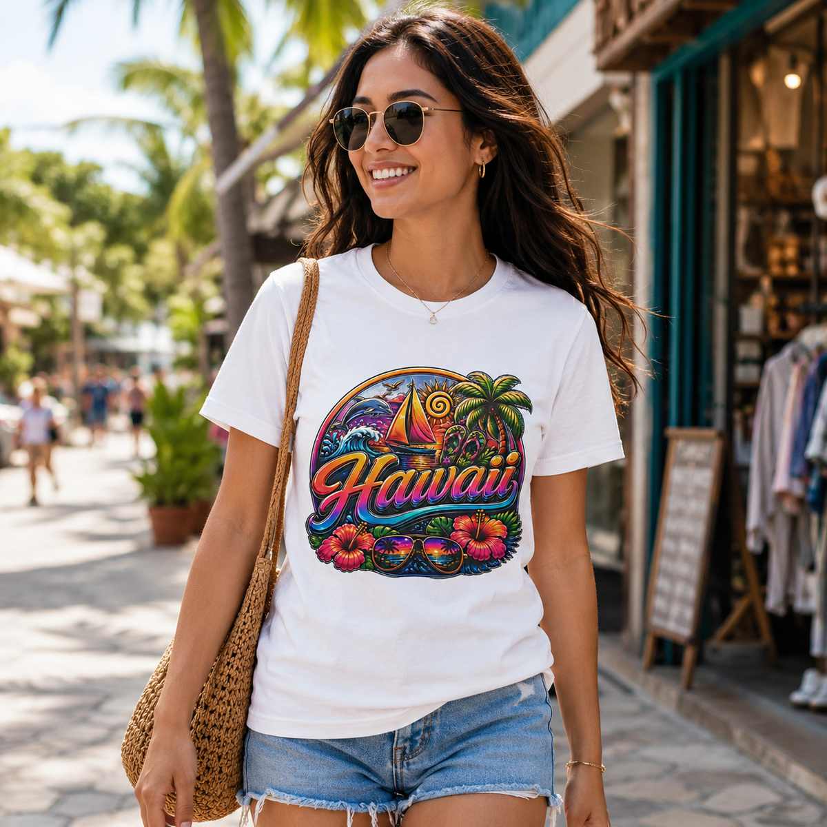 White Hawaii graphic T-shirt with sailboat, palm trees, and floral border