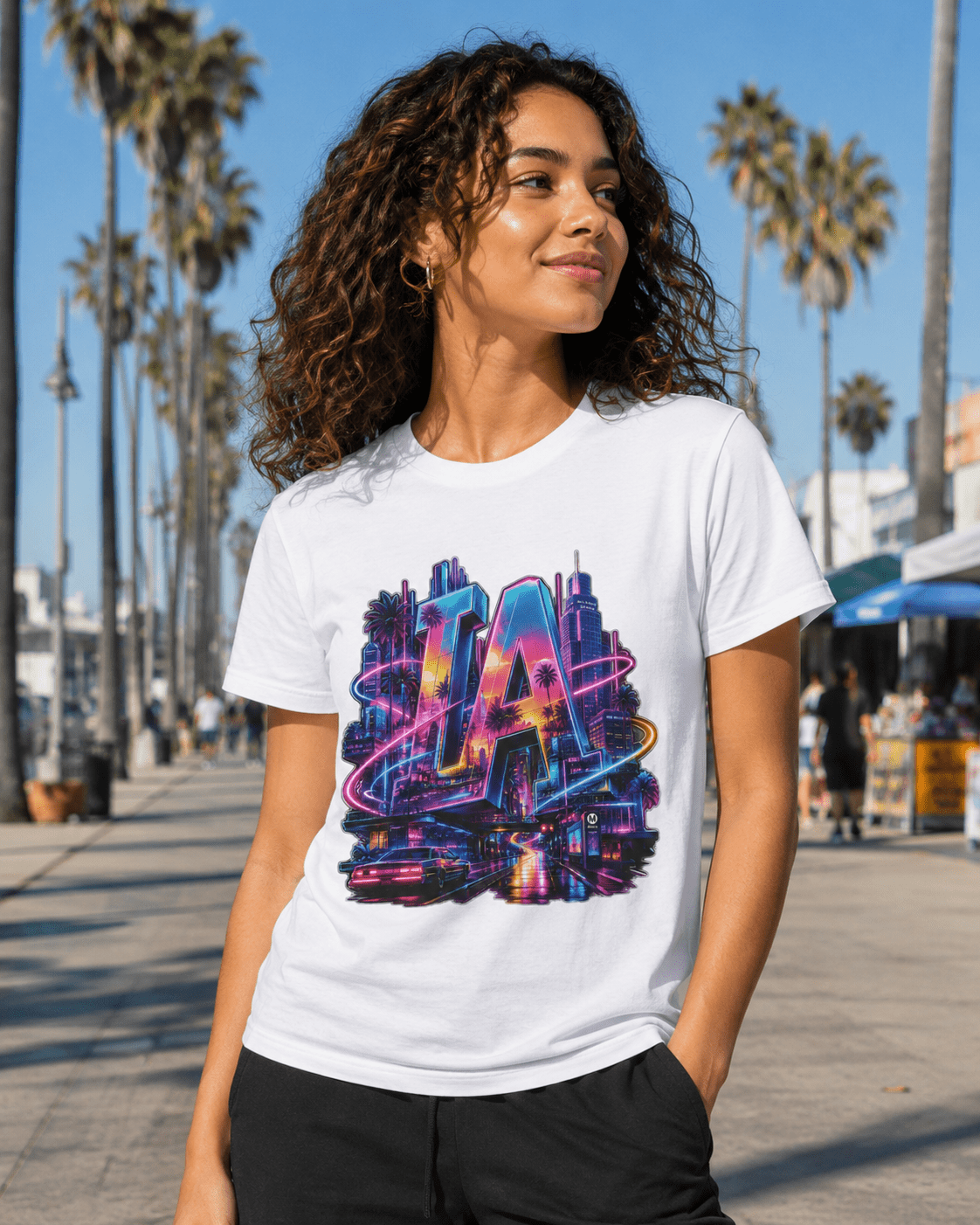 White T-shirt with neon LA graphic, crew neck short sleeves, side view