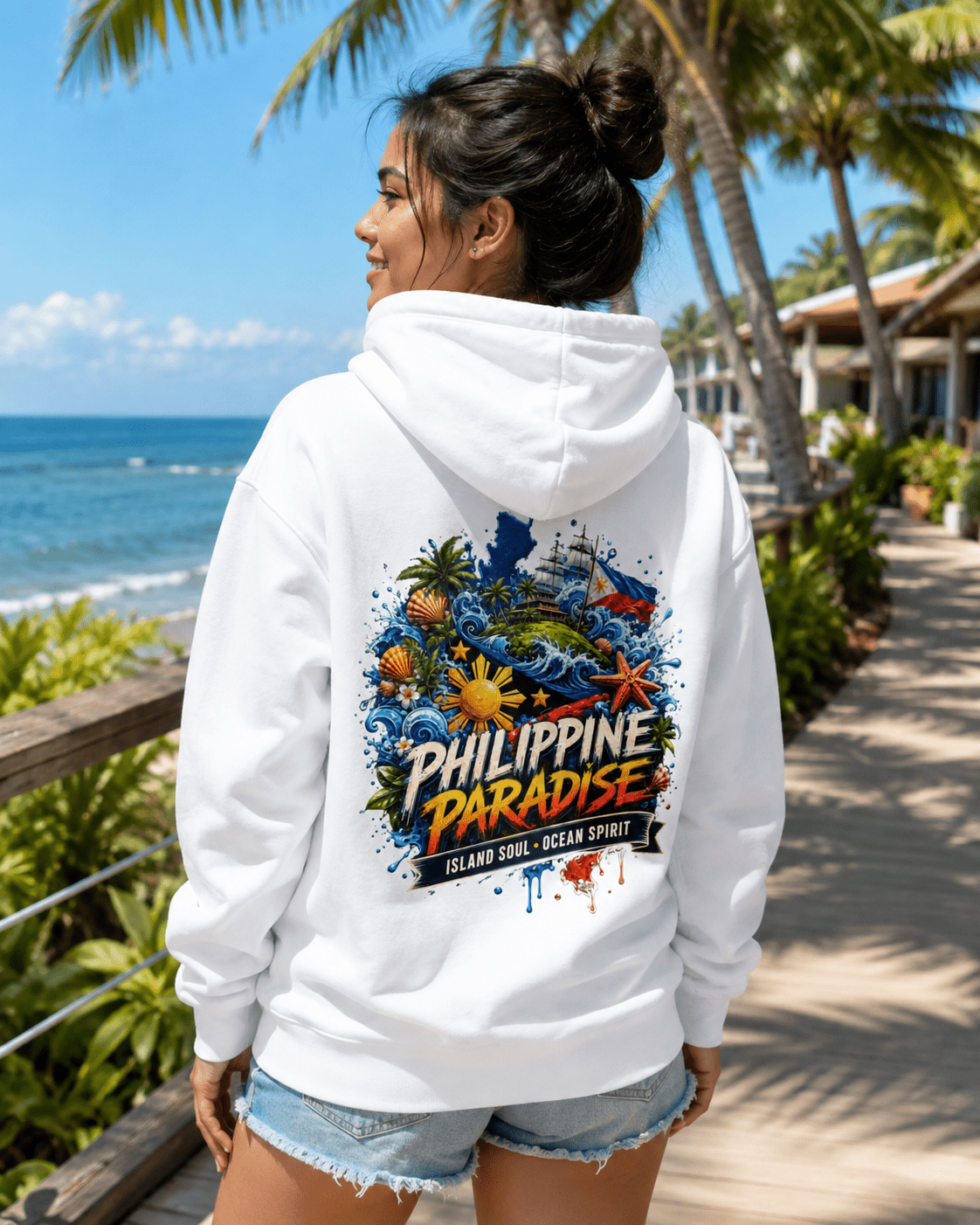 White hoodie with hood and PHILIPPINE PARADISE back graphic print