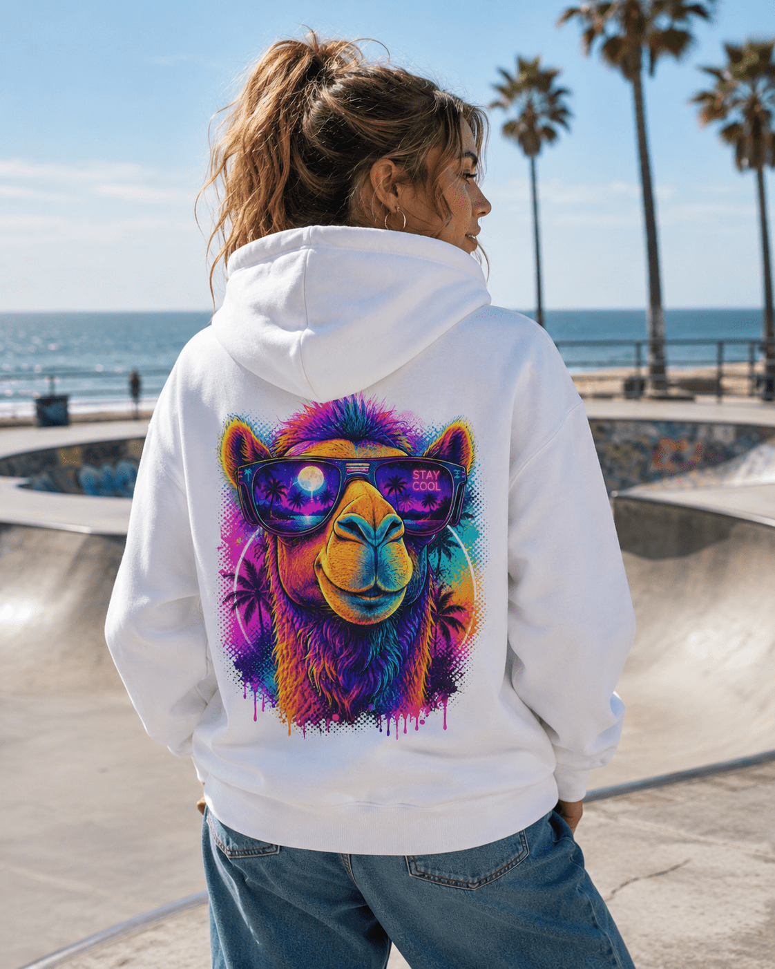 White hoodie with back camel face graphic and sunglasses, worn from the side