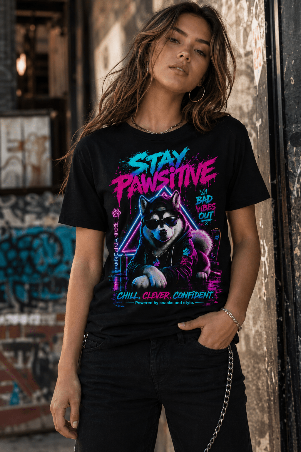 Black crew-neck T-shirt on model, neon Husky “Stay Pawsitive” graphic at center front