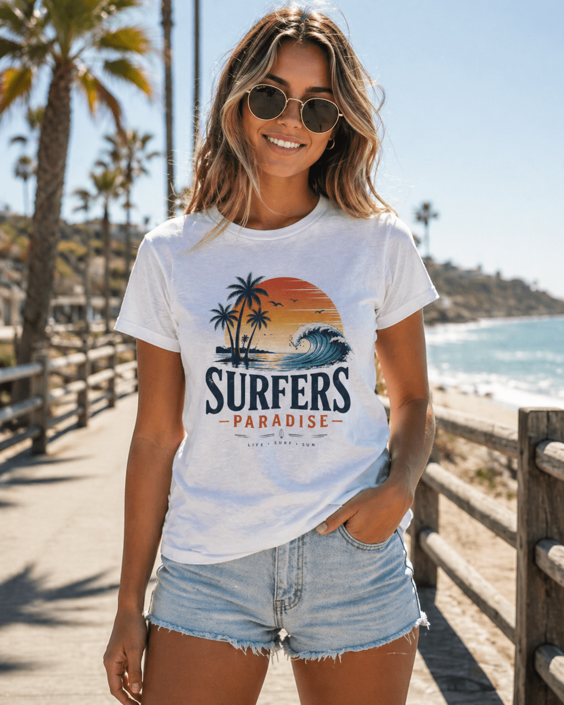 White crewneck T-shirt worn by woman with surfers paradise surf artwork on chest