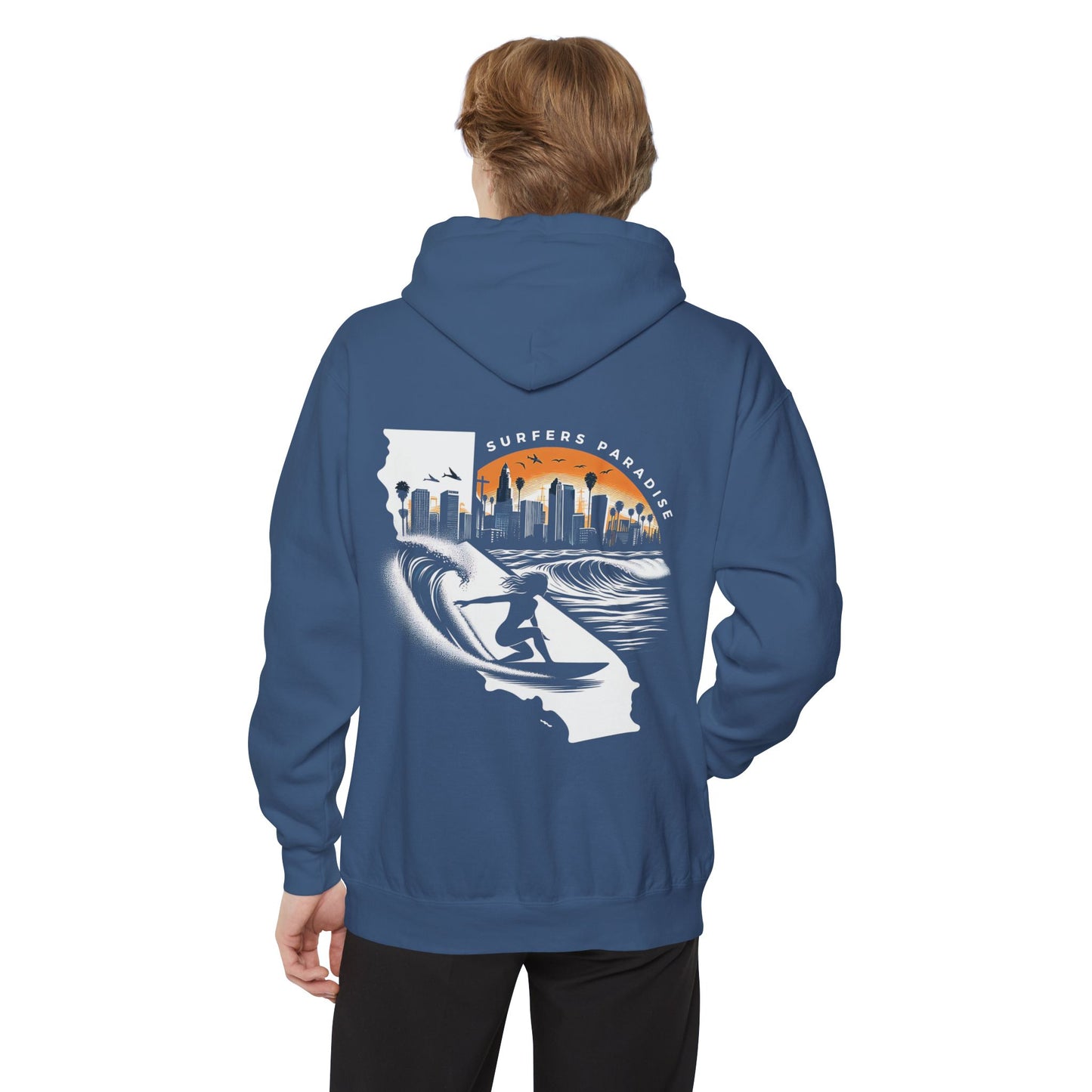 California Surf Hoodie — Sunset Skyline Surfing Graphic