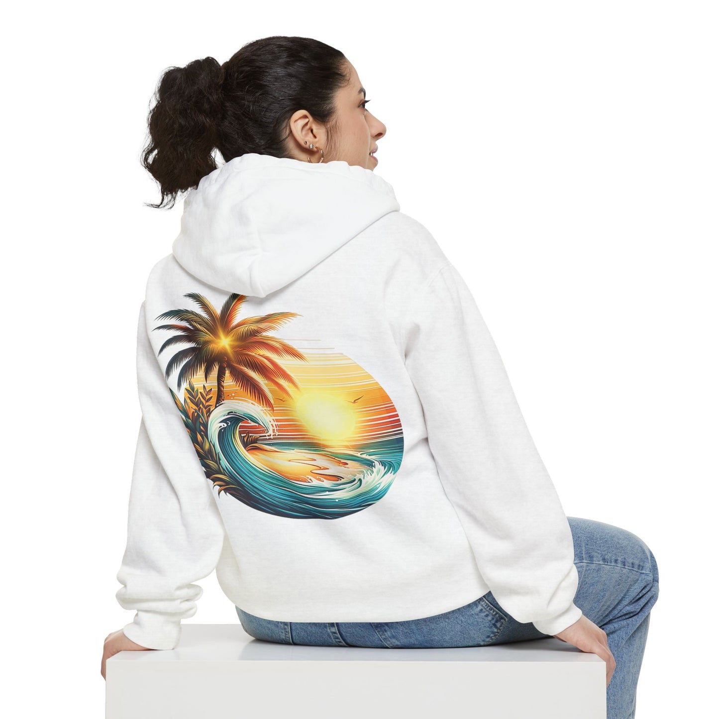 Sunset Wave Hoodie — Tropical Palm Surf Graphic