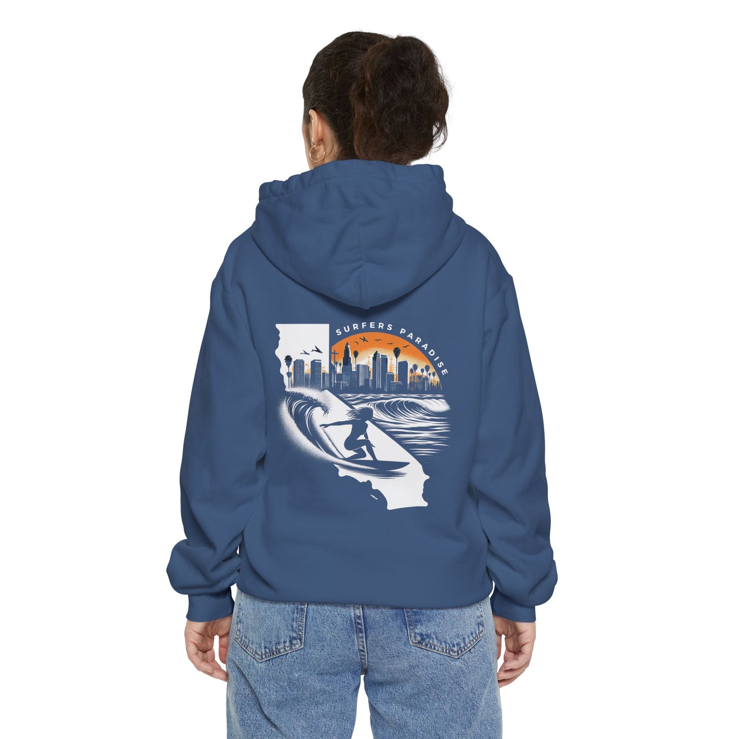 California Surf Hoodie — Sunset Skyline Surfing Graphic