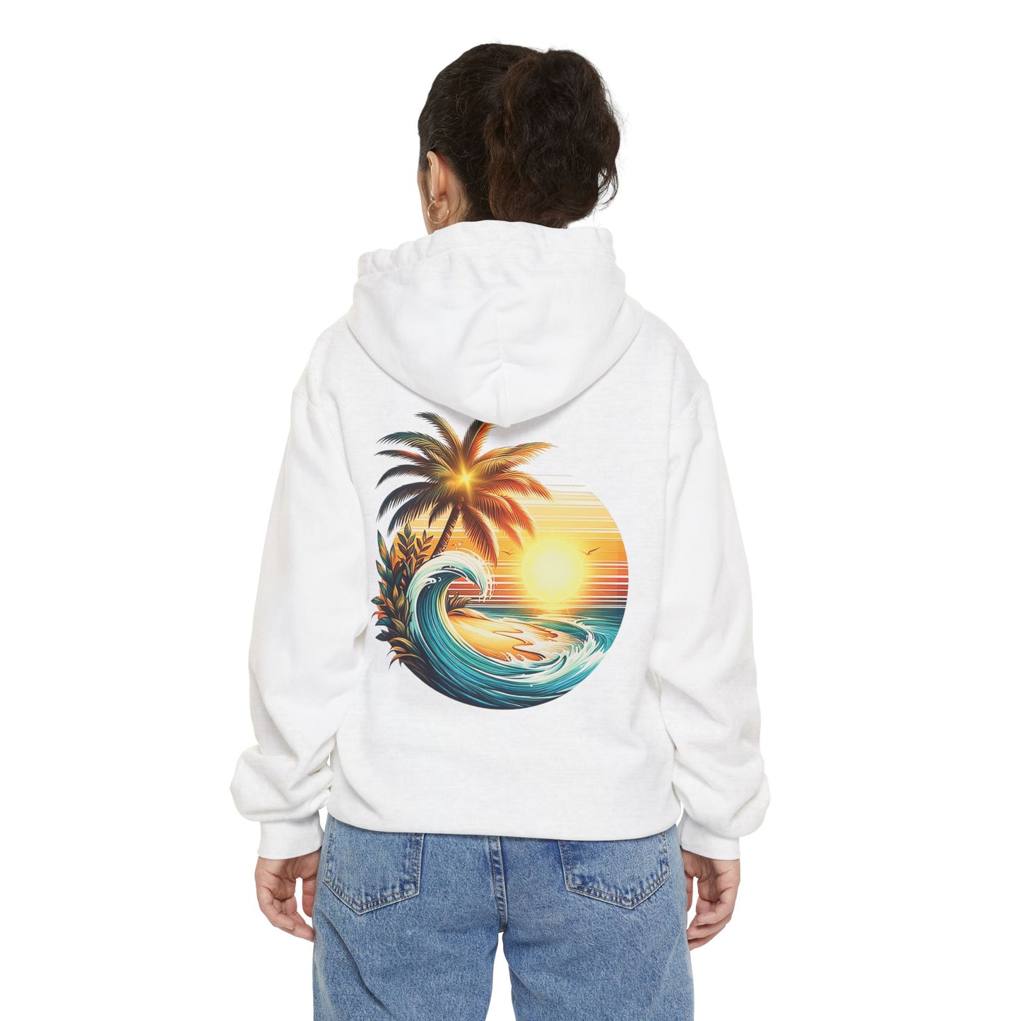 Sunset Wave Hoodie — Tropical Palm Surf Graphic
