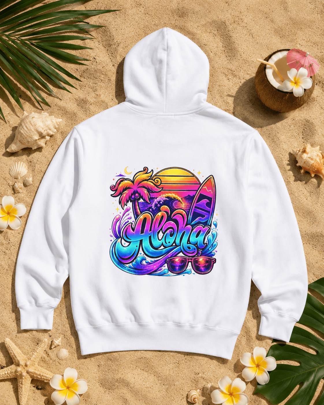 White hoodie with colorful surfboard and Aloha graphic on the back
