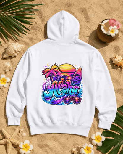 White hoodie with colorful surfboard and Aloha graphic on the back