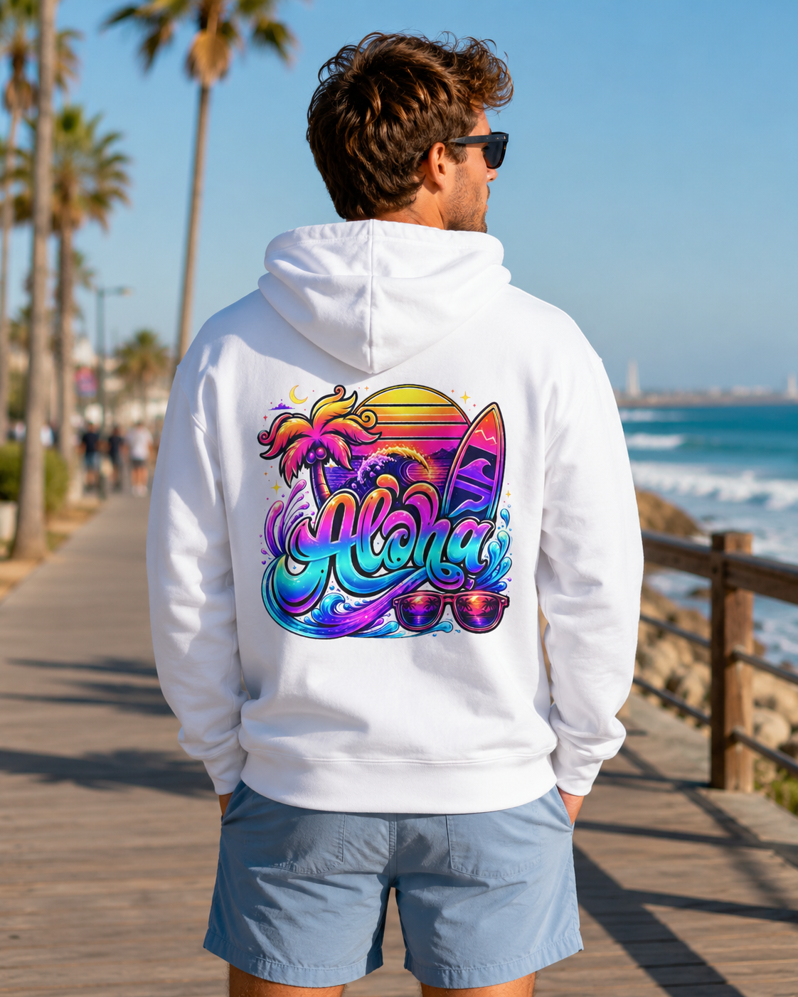 White hoodie, back view, colorful Aloha surf graphic
