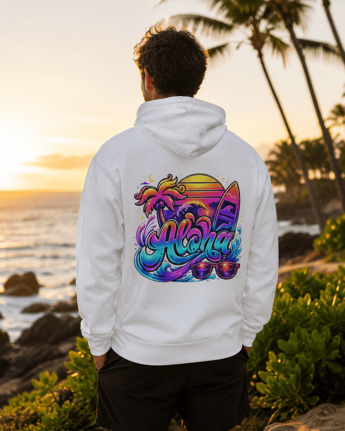 White hoodie, back view, colorful Aloha surfboard logo