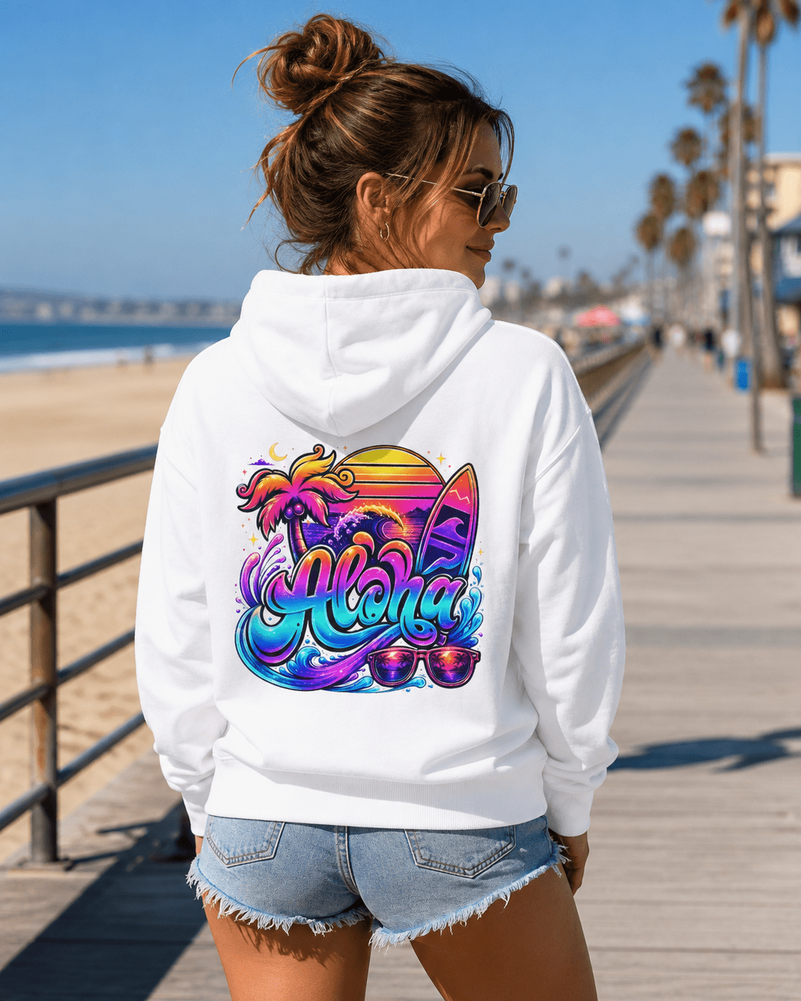 White hoodie, side back view, colorful Aloha surf graphic