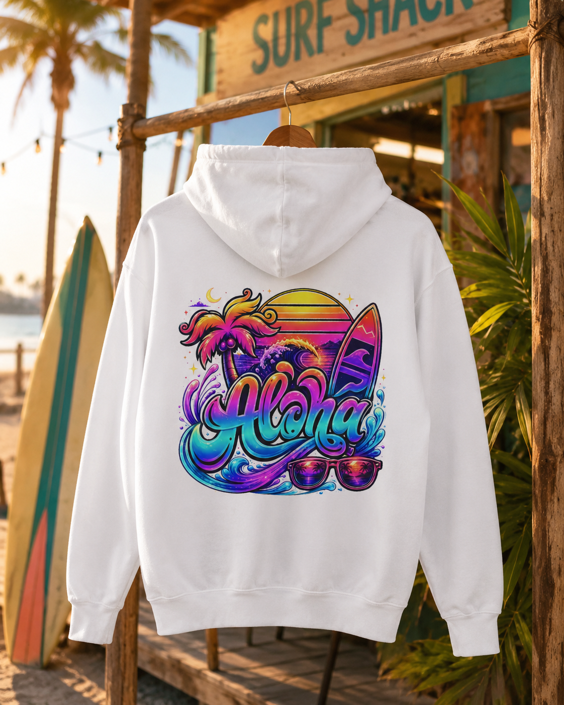 White hoodie with Aloha surfboard graphic on the back, hooded