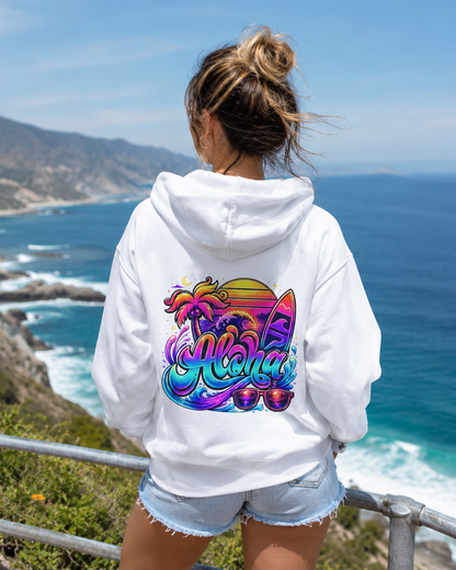 White hoodie with colorful Aloha surf graphic on the back