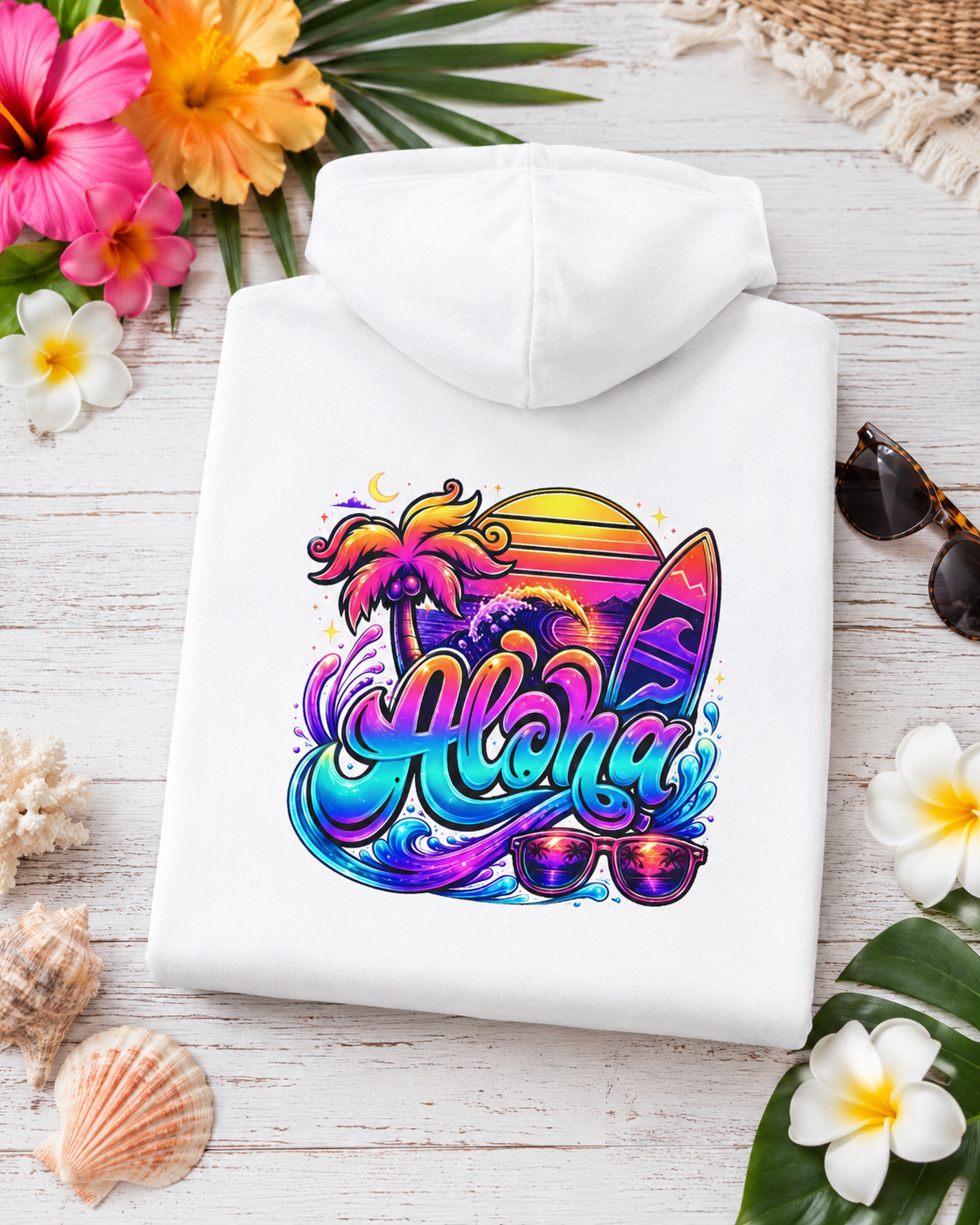 White hoodie with colorful Aloha surfboard graphic on the back, flat lay