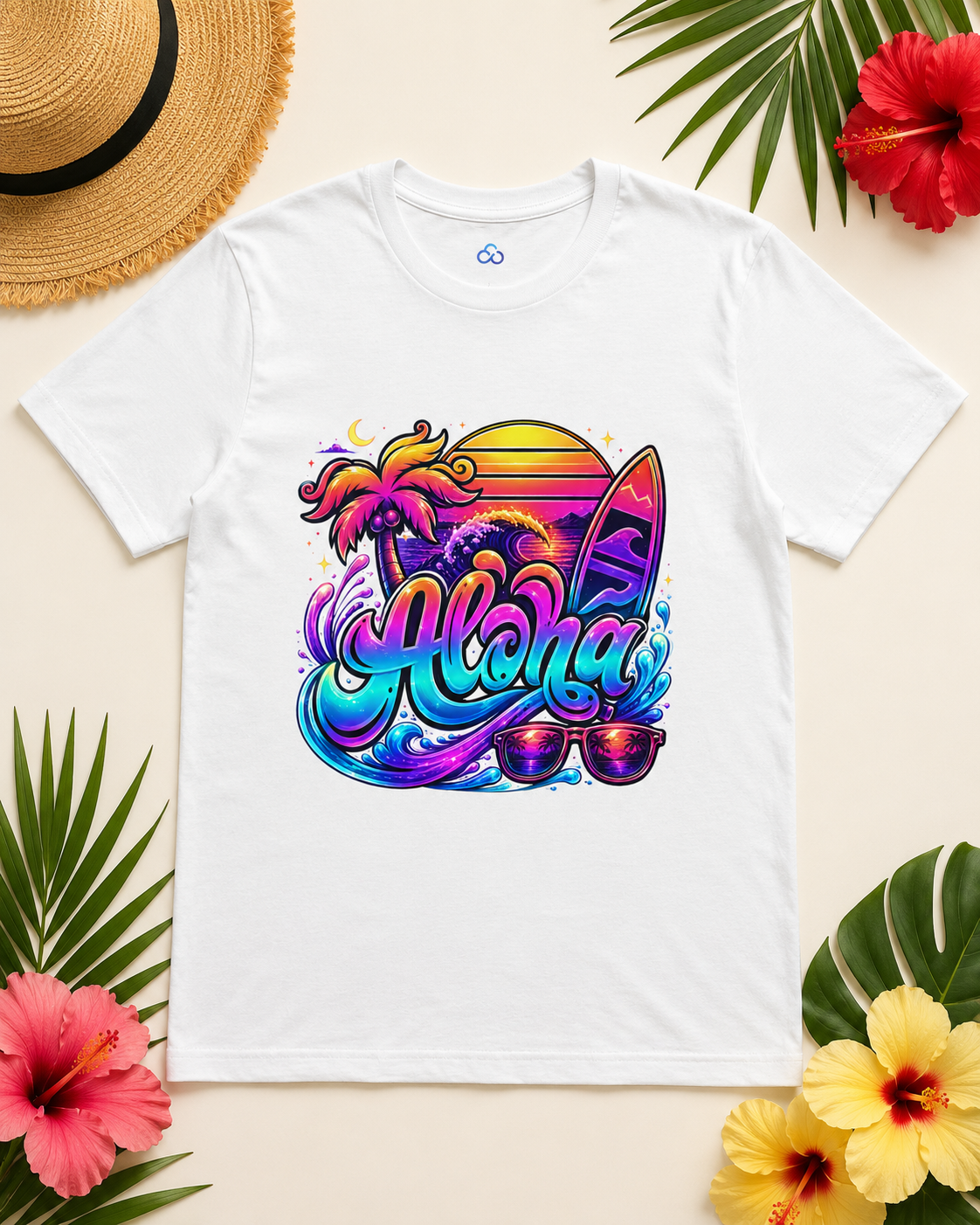 Aloha T-shirt in white with colorful surfboard graphic and bold Aloha lettering