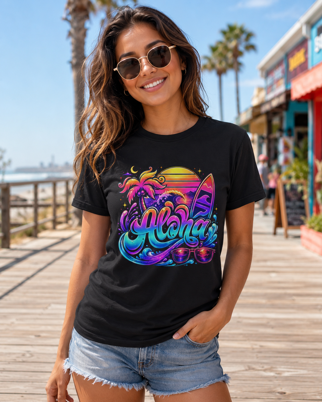 Black Aloha T-shirt with colorful front graphic, crew neck, short sleeves