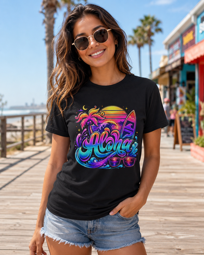 Black Aloha T-shirt with colorful front graphic, crew neck, short sleeves
