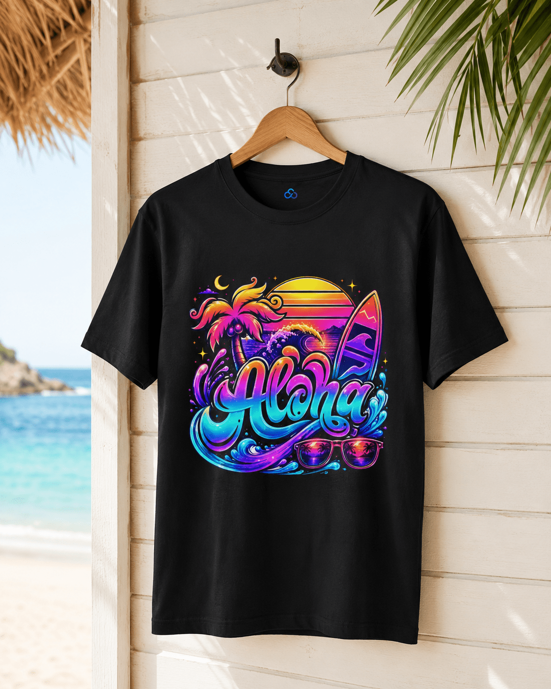 Black Aloha T-shirt hanging up with colorful surfboard graphic and Aloha word art