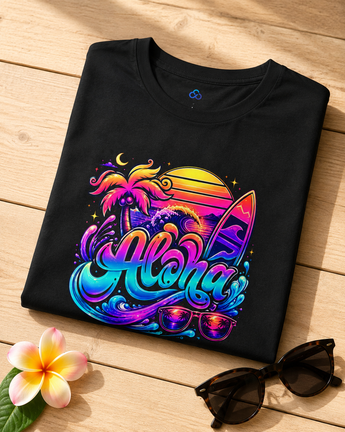 Black Aloha T-shirt showing colorful front graphic, crew neck, short sleeves