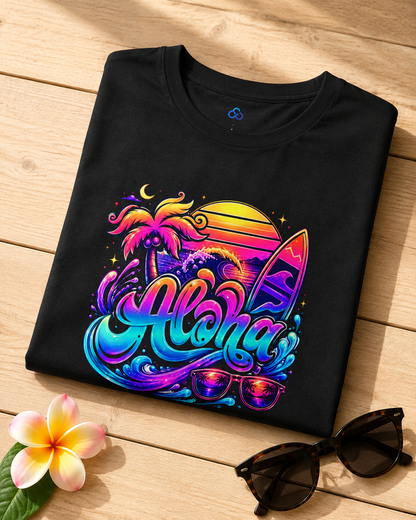 Black Aloha T-shirt showing colorful front graphic, crew neck, short sleeves