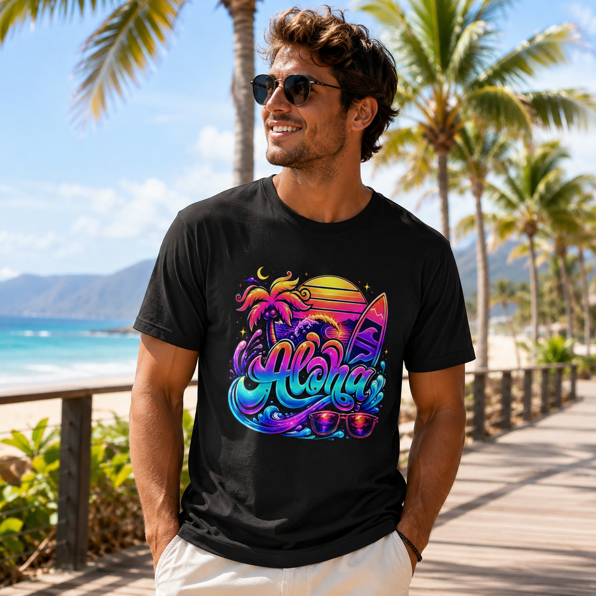 Black Aloha T-shirt on a man with rainbow surfboard Aloha graphic on front