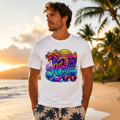 White Aloha T-shirt on a man featuring rainbow surfboard Aloha graphic on chest