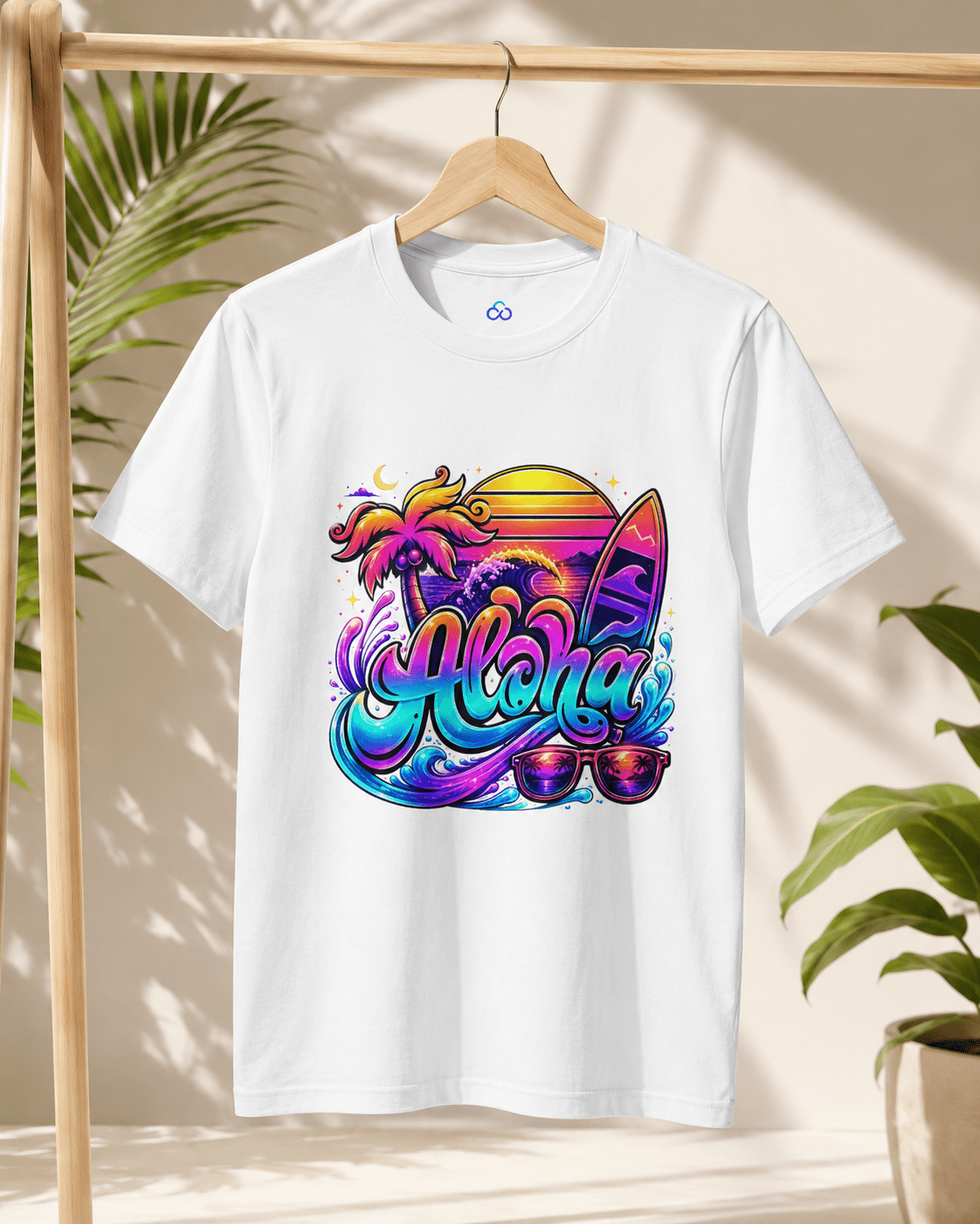 White Aloha T-shirt hanging on a wooden rack with surfboard Aloha graphic
