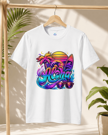 White Aloha T-shirt hanging on a wooden rack with surfboard Aloha graphic