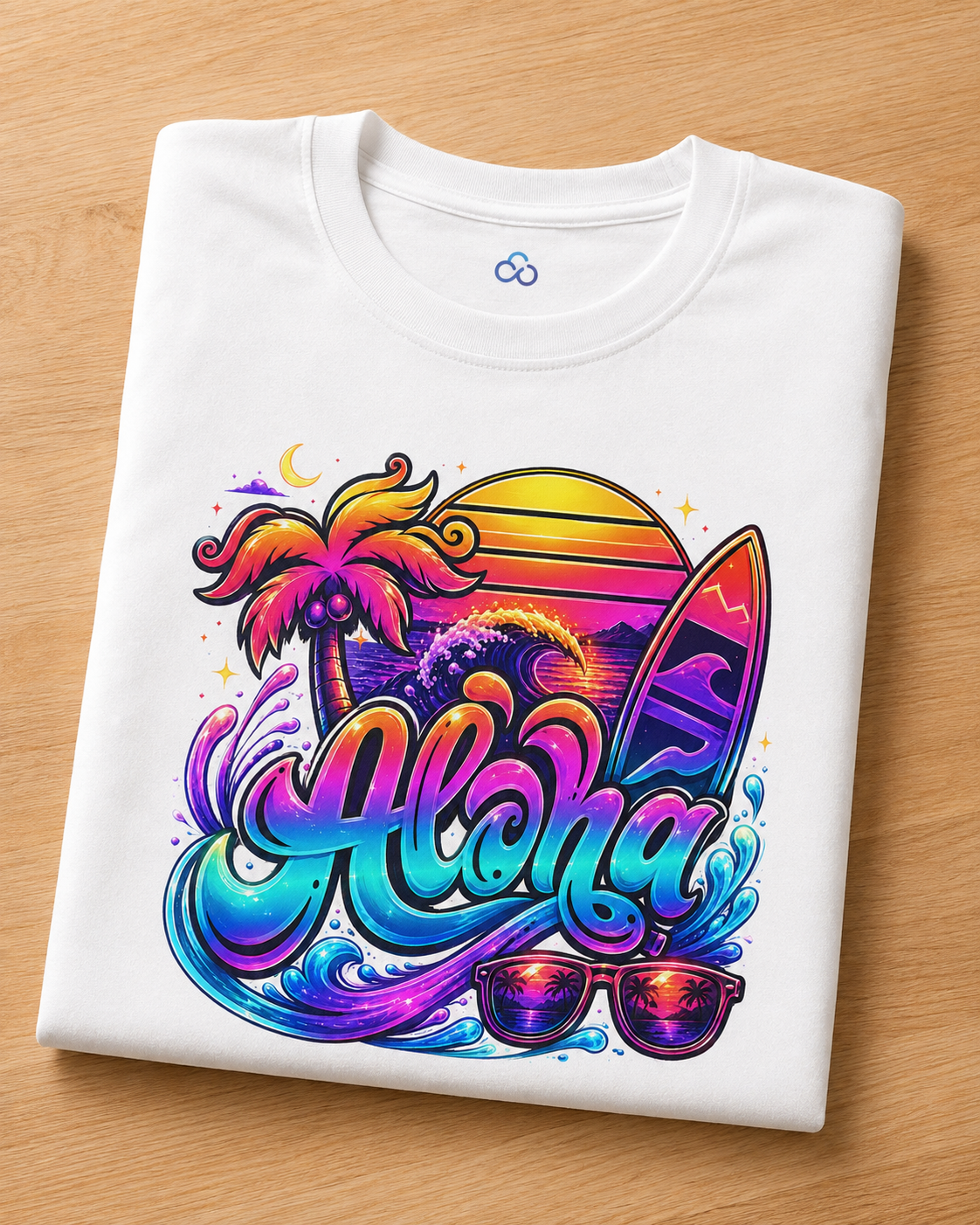 Folded white Aloha T-shirt with large rainbow surfboard and Aloha lettering print