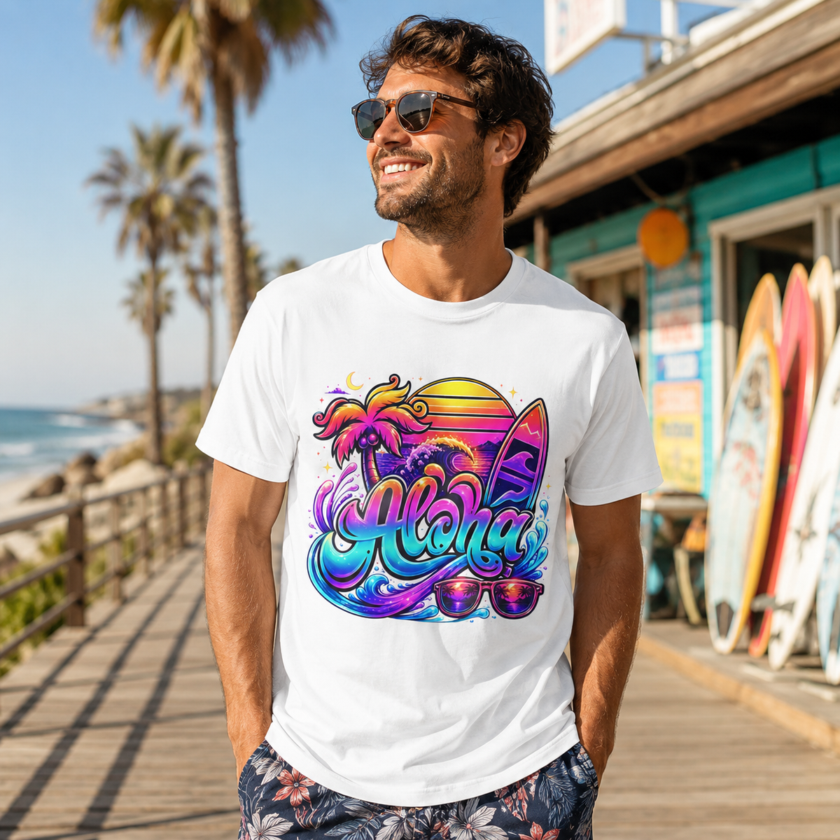 White Aloha T-shirt on a man with colorful surfboard Aloha graphic