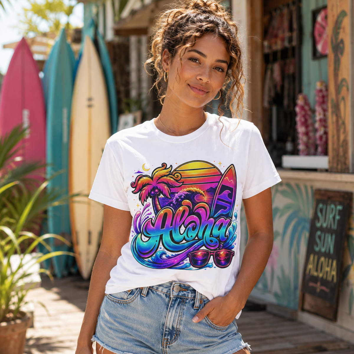 White Aloha T-shirt on a woman with rainbow surfboard Aloha graphic at center