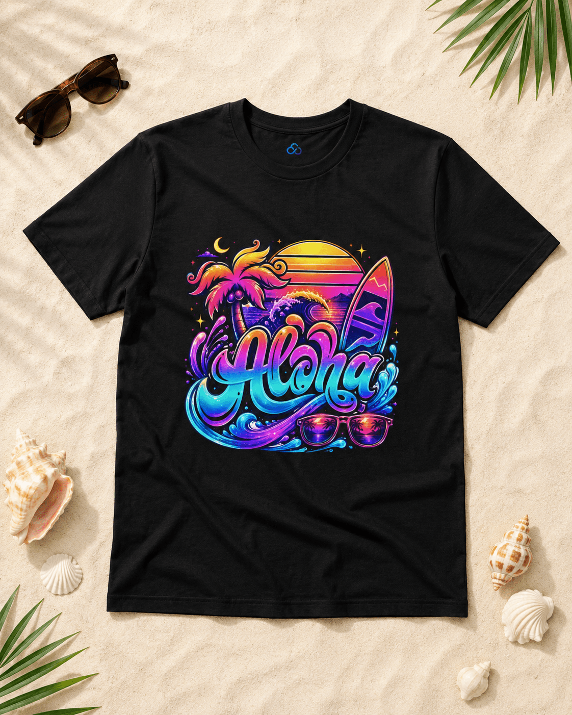 Black Aloha T-shirt with colorful front graphic print, crew neck, short sleeves