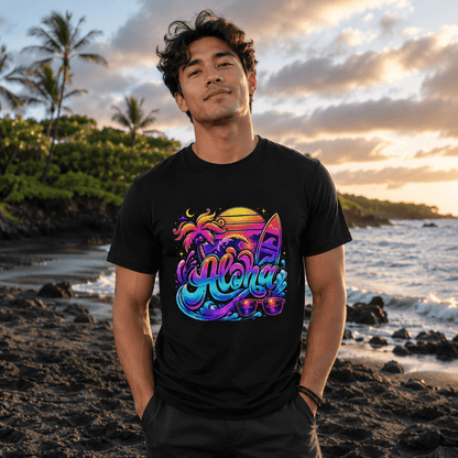 Black Aloha T-shirt with colorful front graphic, crew neck, short sleeves