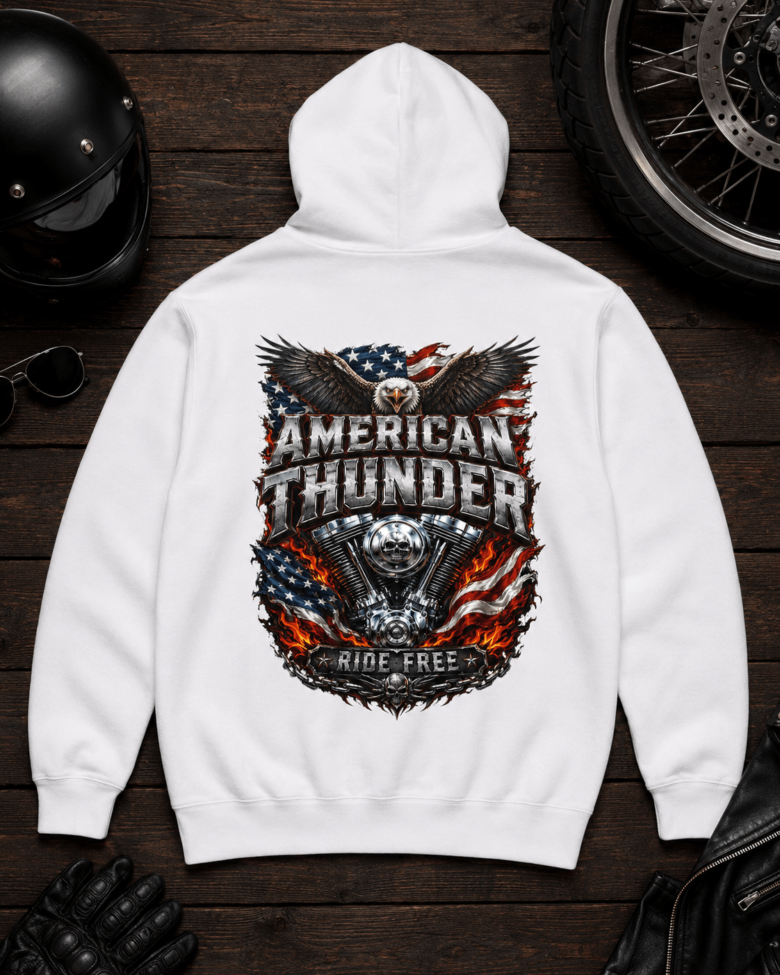 White hoodie with eagle-and-flag 'American Thunder' back graphic and hood
