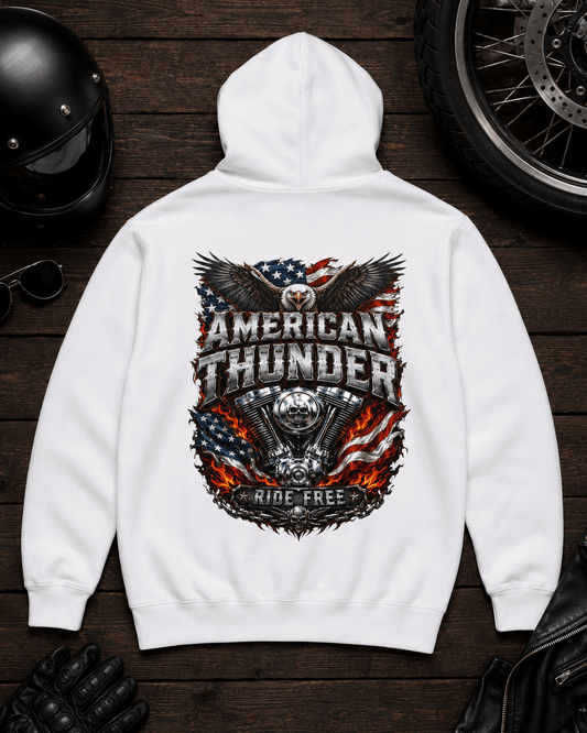 White hoodie with eagle-and-flag 'American Thunder' back graphic and hood