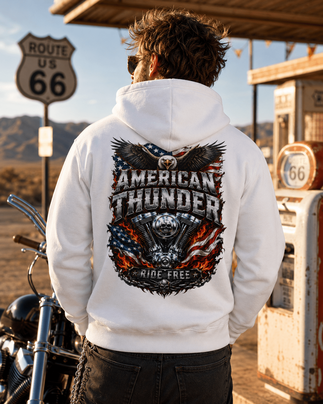 White hoodie with eagle-and-flag back graphic, hood up