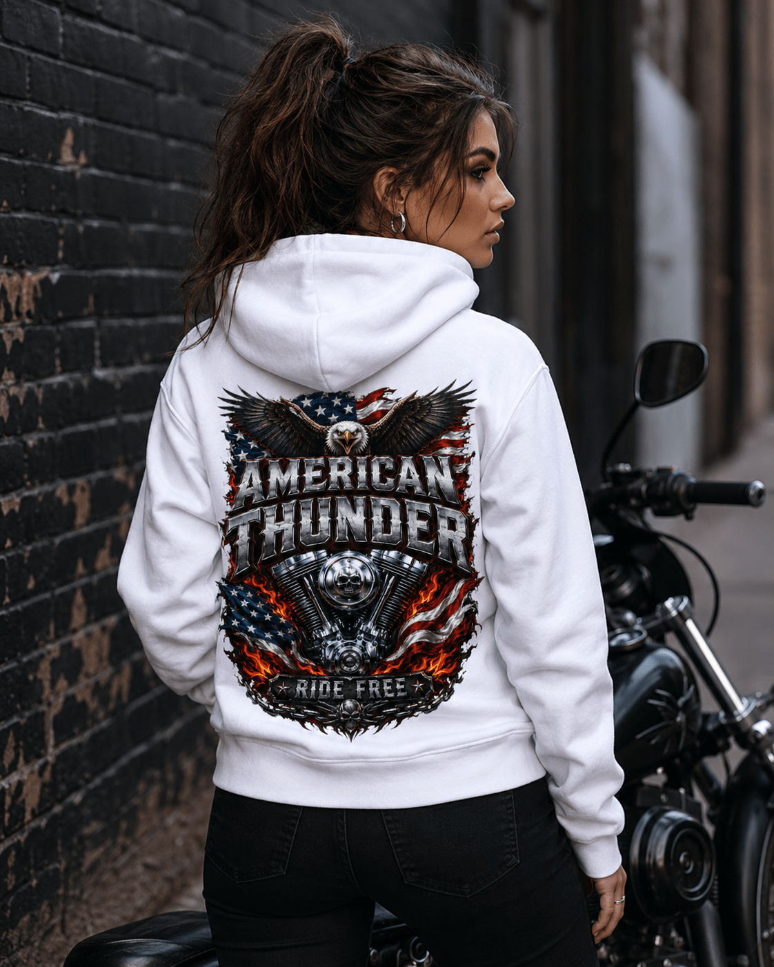 White hoodie with eagle-and-flag back graphic, hooded neck