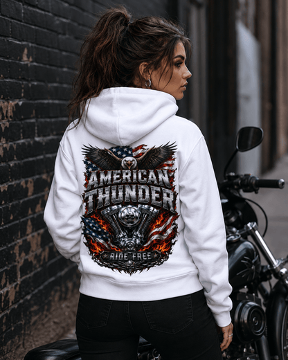 White hoodie with eagle-and-flag back graphic, hooded neck