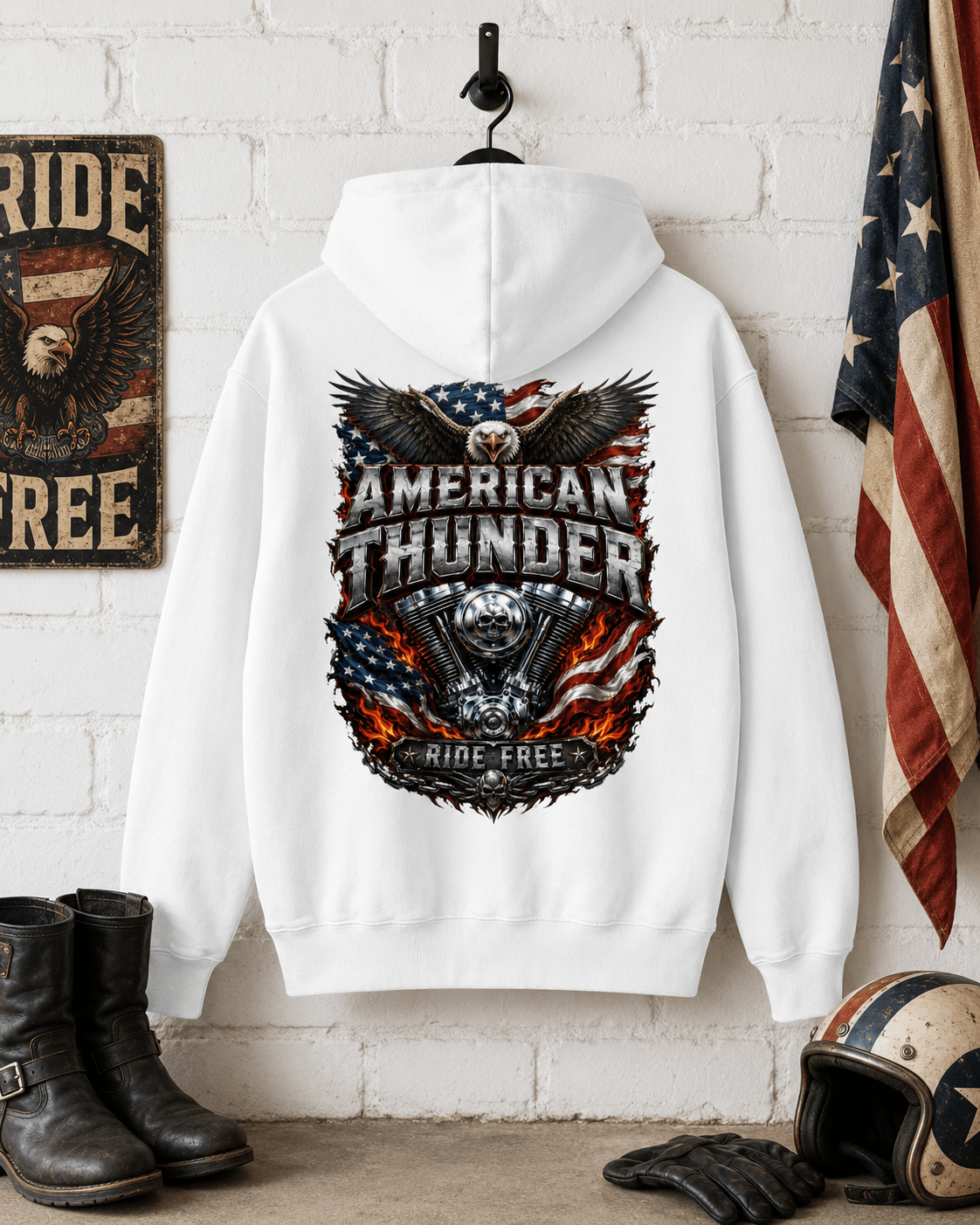 White hoodie with eagle-and-flag front graphic, hooded sweatshirt