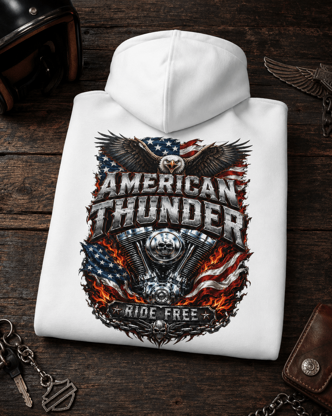 Folded white hoodie with large eagle 'American Thunder' front graphic