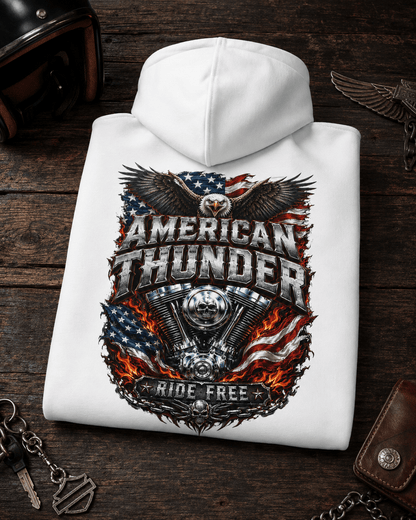 Folded white hoodie with large eagle 'American Thunder' front graphic