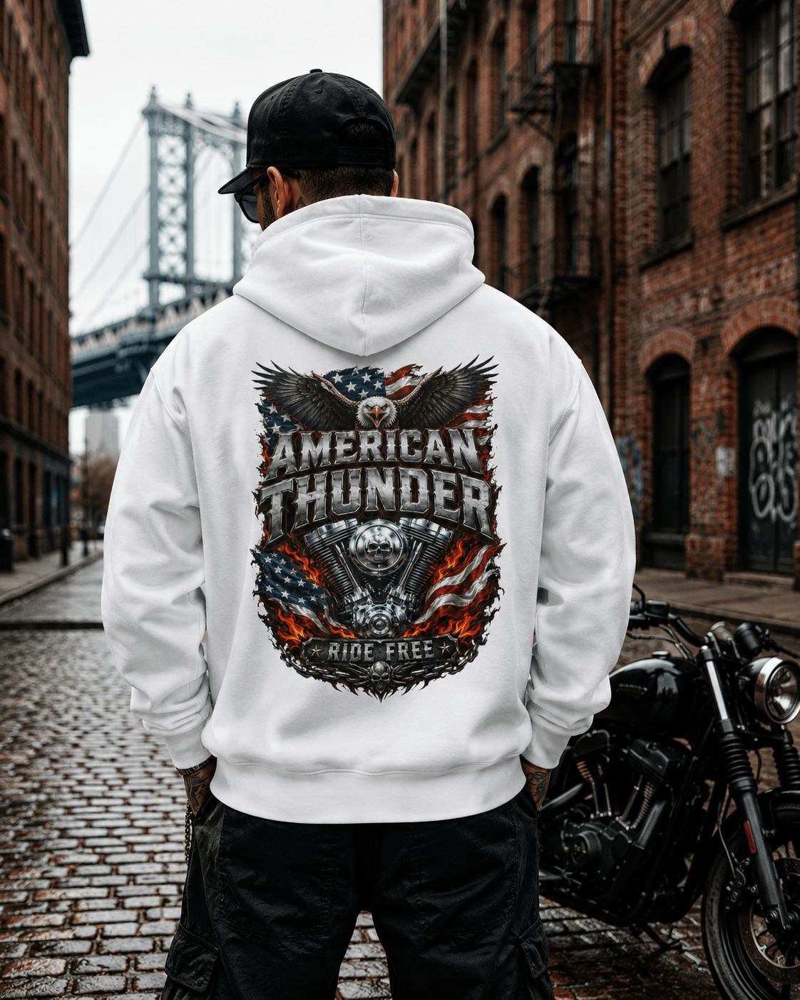 White hoodie with eagle-and-flag back graphic and hood