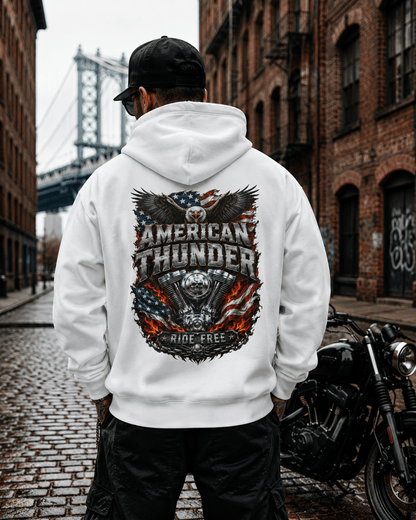 White hoodie with eagle-and-flag back graphic and hood