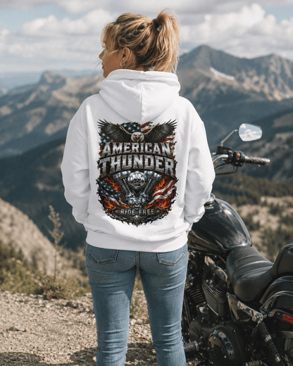 White hoodie with eagle-and-flag back graphic, hood up