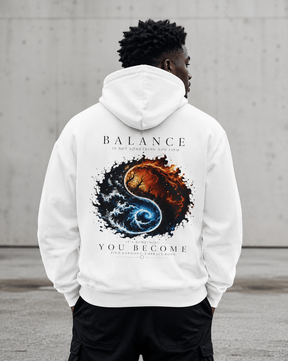 White hoodie with back yin-yang style graphic, pullover hood
